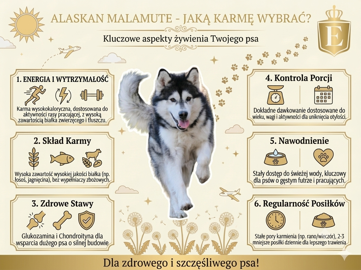 Alaskan malamute – jaką karmę wybrać? Infografika przedstawia najważniejsze zasady żywienia psa rasy alaskan malamute. Grafika omawia wysokokaloryczną dietę wspierającą energię i wytrzymałość, wysoką zawartość białka zwierzęcego, wsparcie stawów poprzez glukozaminę i chondroitynę, kontrolę porcji, odpowiednie nawodnienie oraz regularność posiłków. W centrum znajduje się pies rasy alaskan malamute.